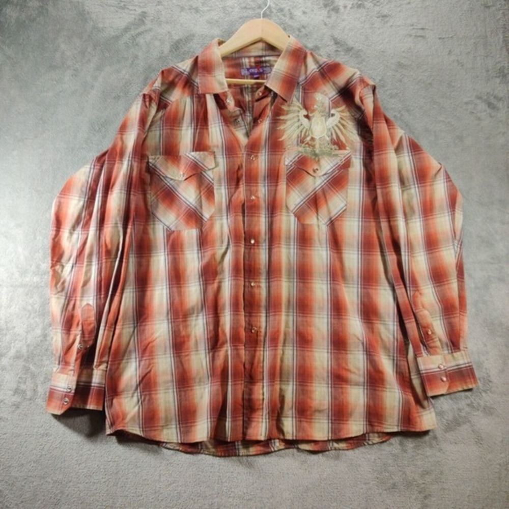Empra‎ Shirt Mens 2XL Brown Plaid Pearl Snap Long Sleeve Graphic Angel Wings